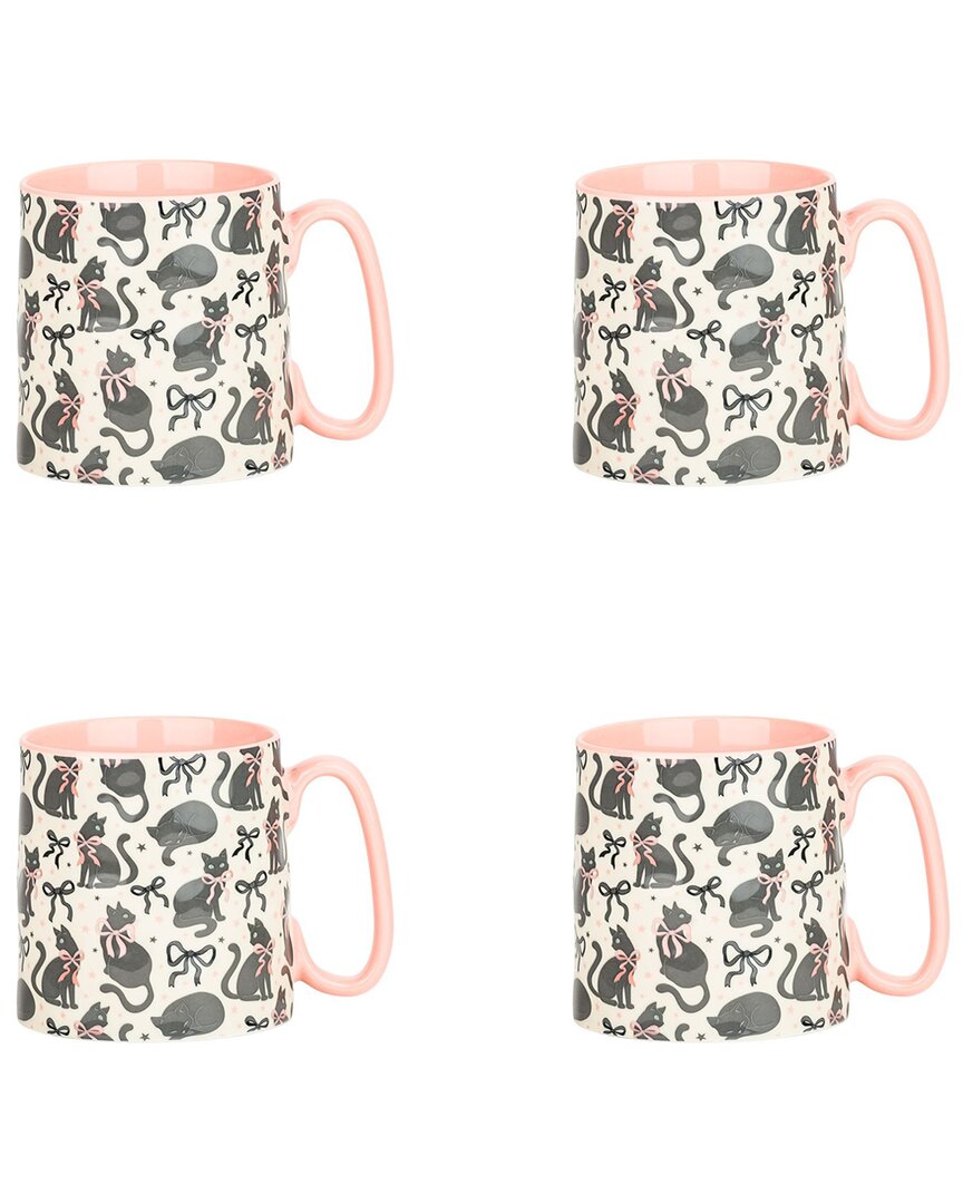10 Strawberry Street Set Of 4 Bella Mugs: Black Cat Bows In Gray