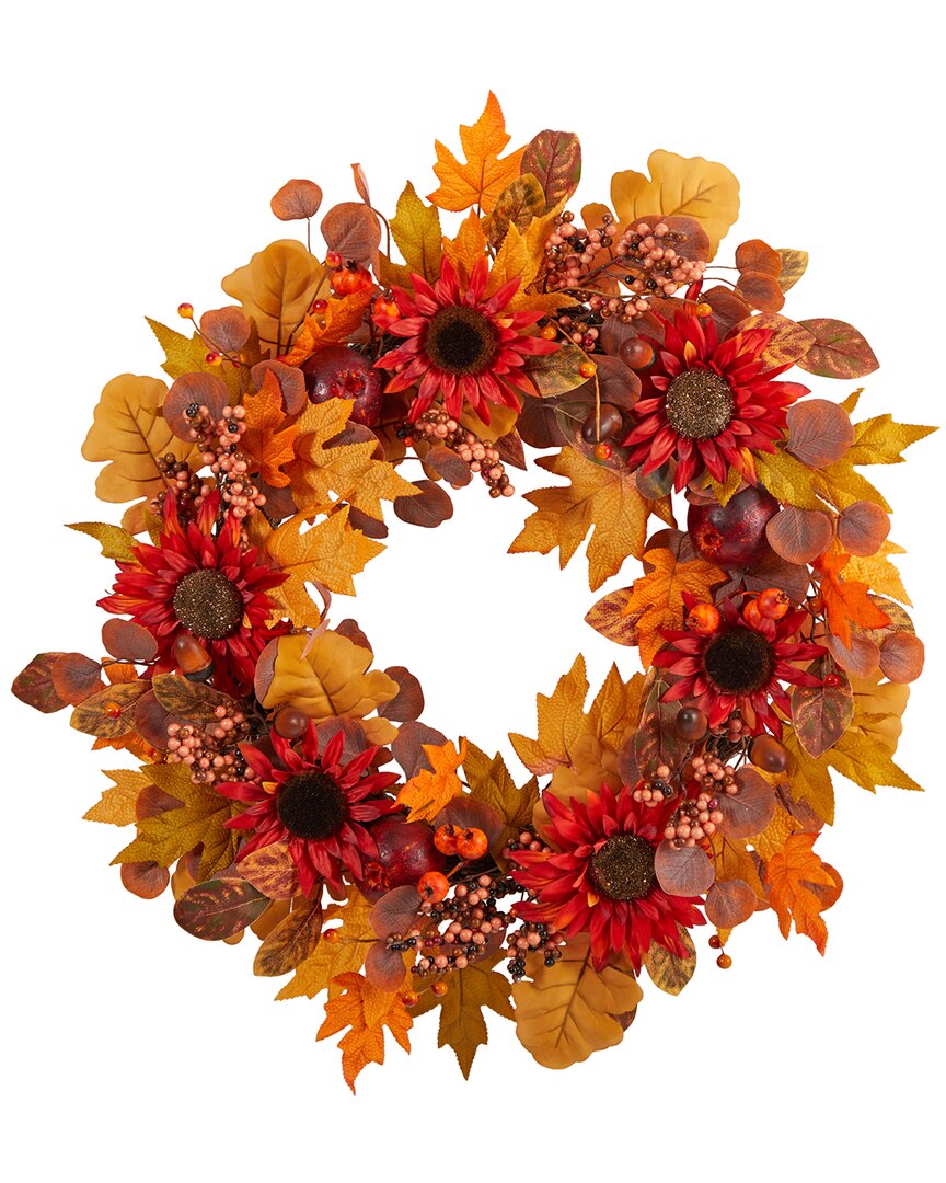 Nearly Natural Fall Acorn, Sunflower, Berries & Autumn Foliage Artificial Wreath 30in Orange