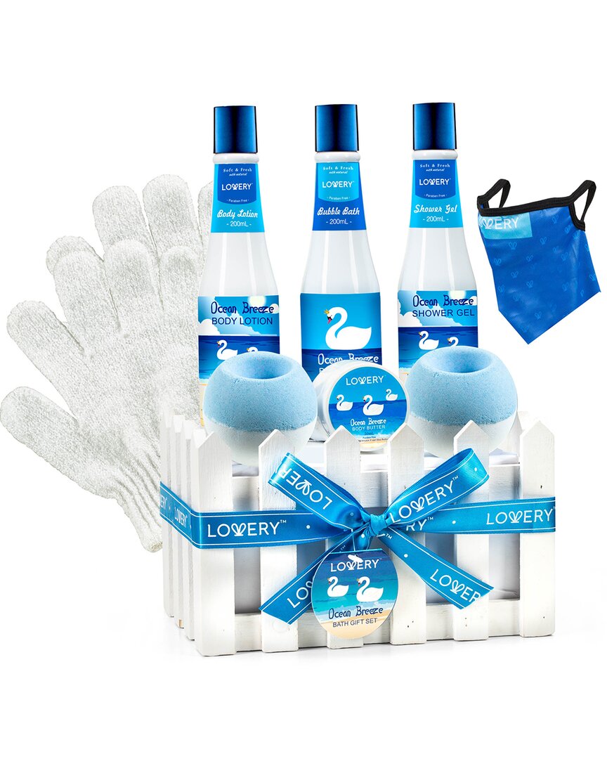 Lovery 10pc Bath Set - Ocean Breeze Scent, Home Spa Kit, Selfcare Package In Blue