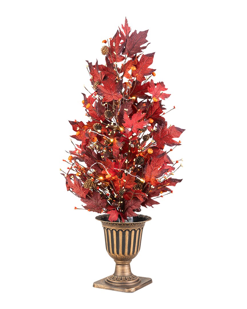 Glitzhome Handmade Fall Lighted Maple Leaves Urn Potted Porch Tree With Timer In Red