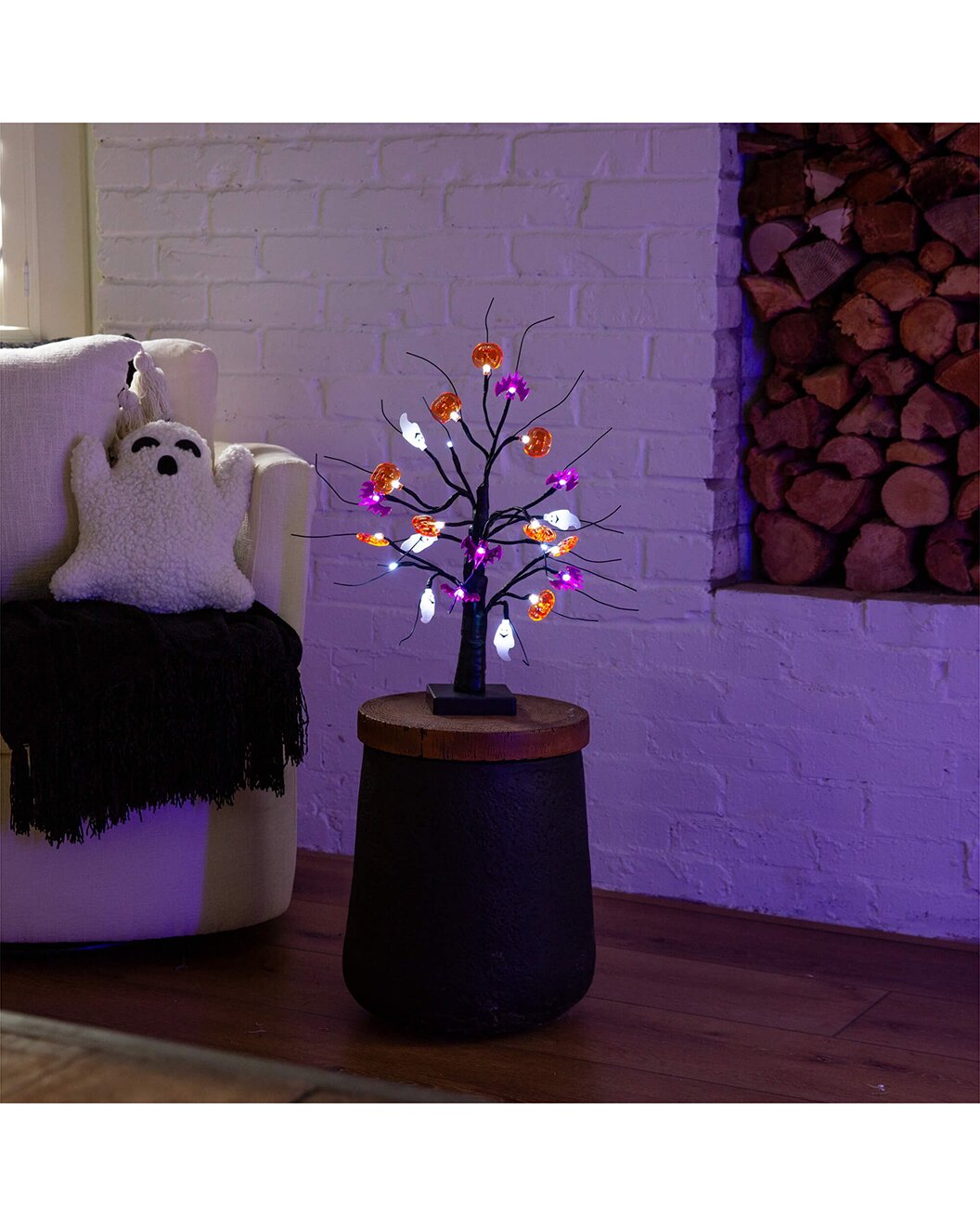 Nearly Natural 18In. Pre-Lit Artificial Halloween Ghost, Bats & Pumpkins 24 LED Lighted Ornament Tree