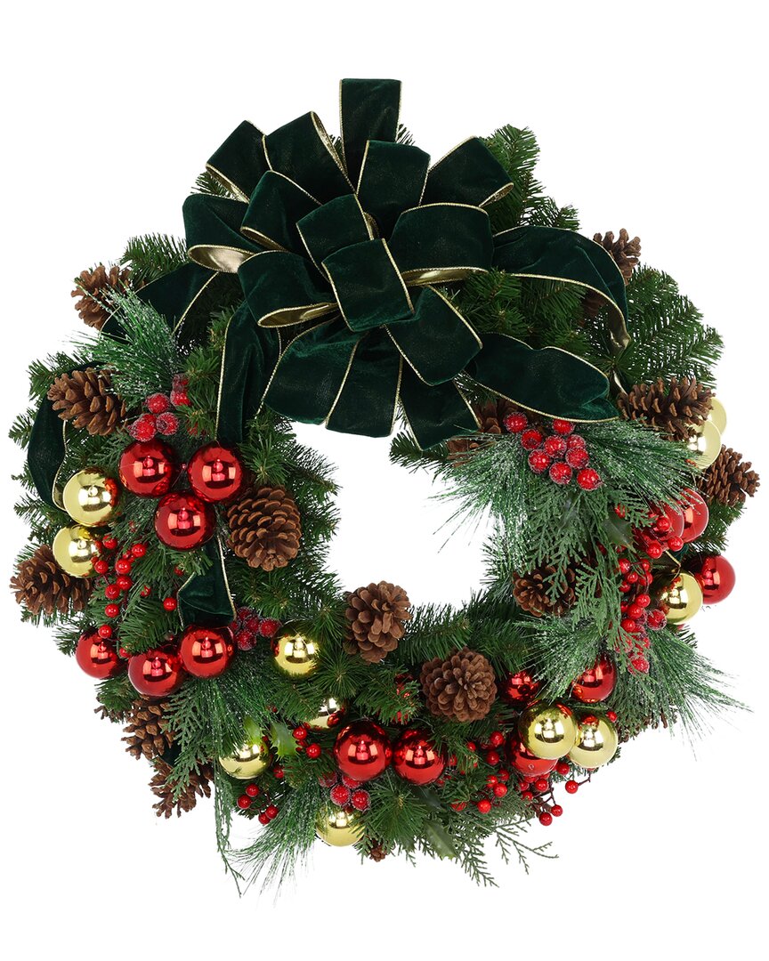 Creative Displays Handmade 32in Christmas Holiday Wreath With Ornaments & Velvet Bow In Green