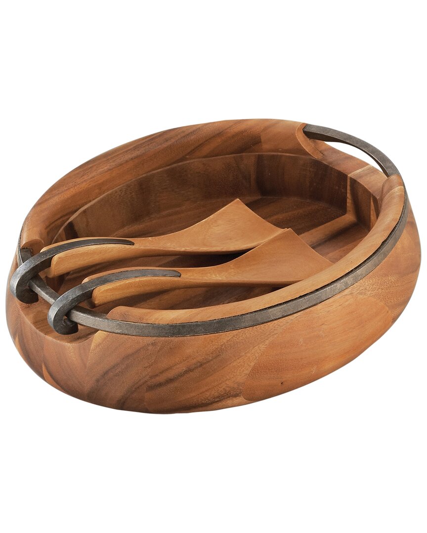 Nambe Nambé Anvil Oval Wood Salad Bowl With Servers In Silver
