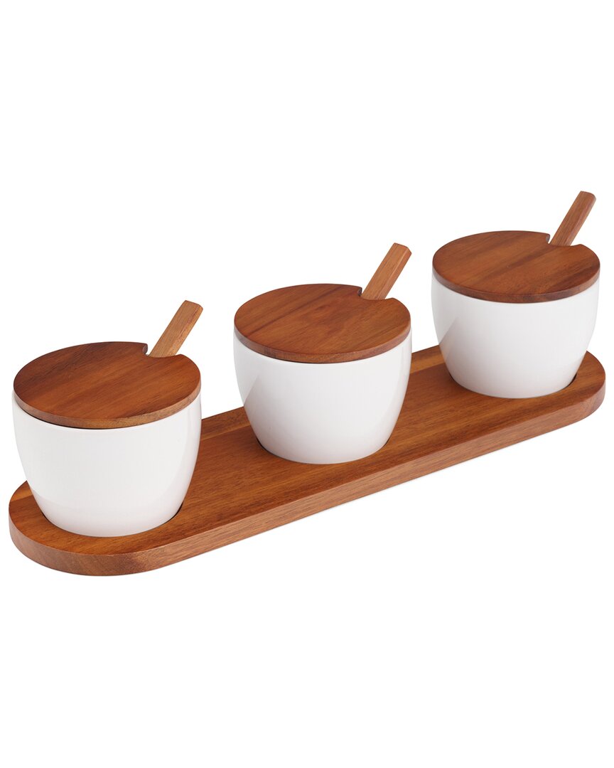 Shop Nambe Nambé Duets Triple Condiment Server With Lids & Spoons In Brown