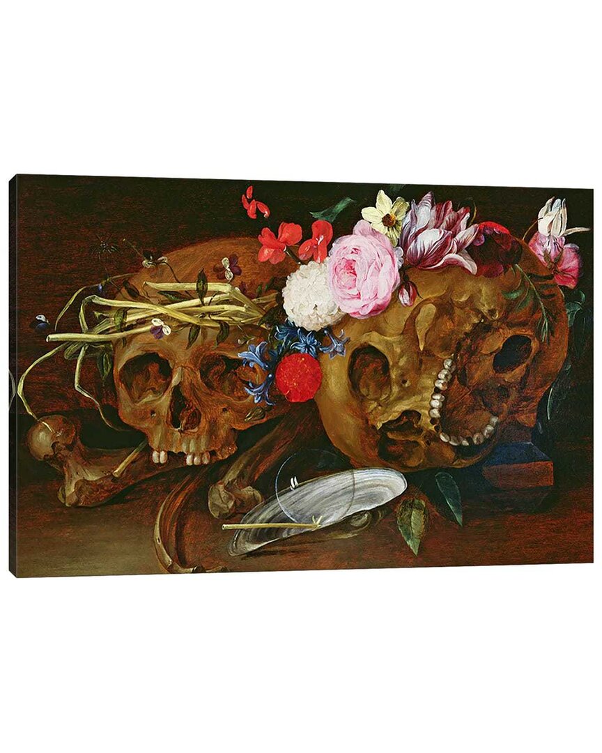 Icanvas Vanitas Still Life With Skulls, Flowers, A Pearl Mussel Shell, A Bubble And Straw Canvas Wal