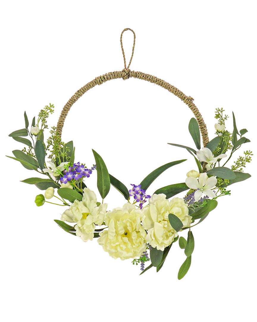 National Tree Company 18in Spring Peony And Mini Blossoms Hoop Wreath In Cream