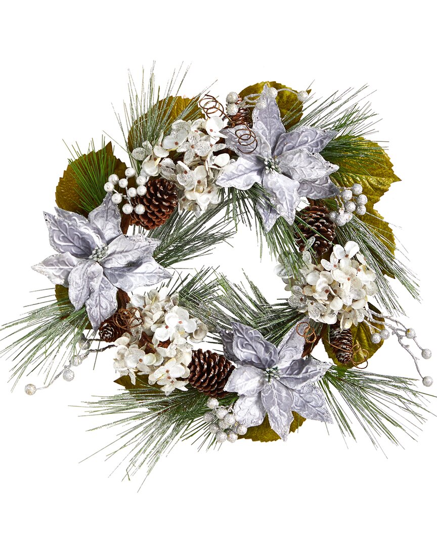 Nearly Natural Silver Poinsettia, Hydrangea And Pinecones Artificial Christmas Wreath In Silver