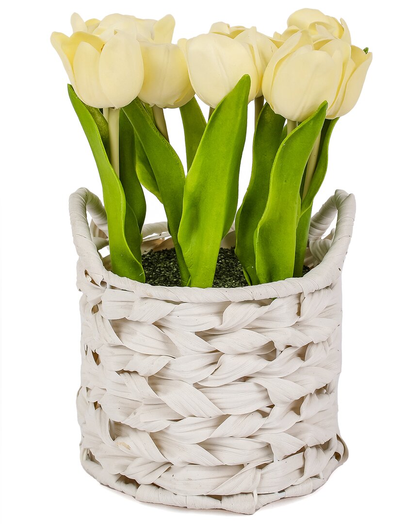 National Tree Company 10in Light Yellow Tulip Bouquet In White Basket