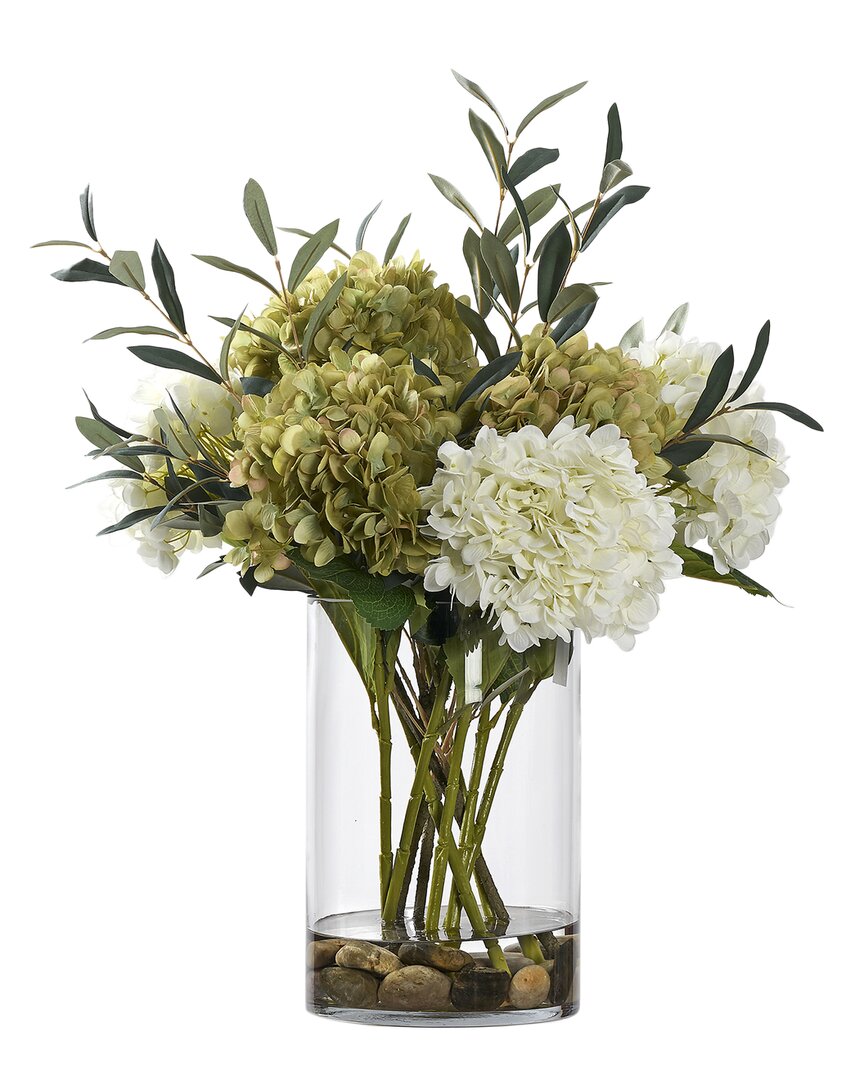 D&w Silks White & Green Hydrangeas With Olive Spray In Large Glass Cylinder