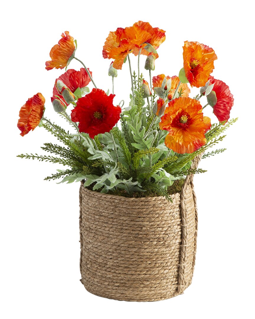 D&w Silks Orange And Red Poppies In Round Natural Rope Basket