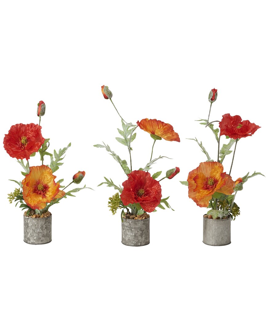 D&w Silks Red And Orange Poppies In Round Tin Planters - Set Of 3