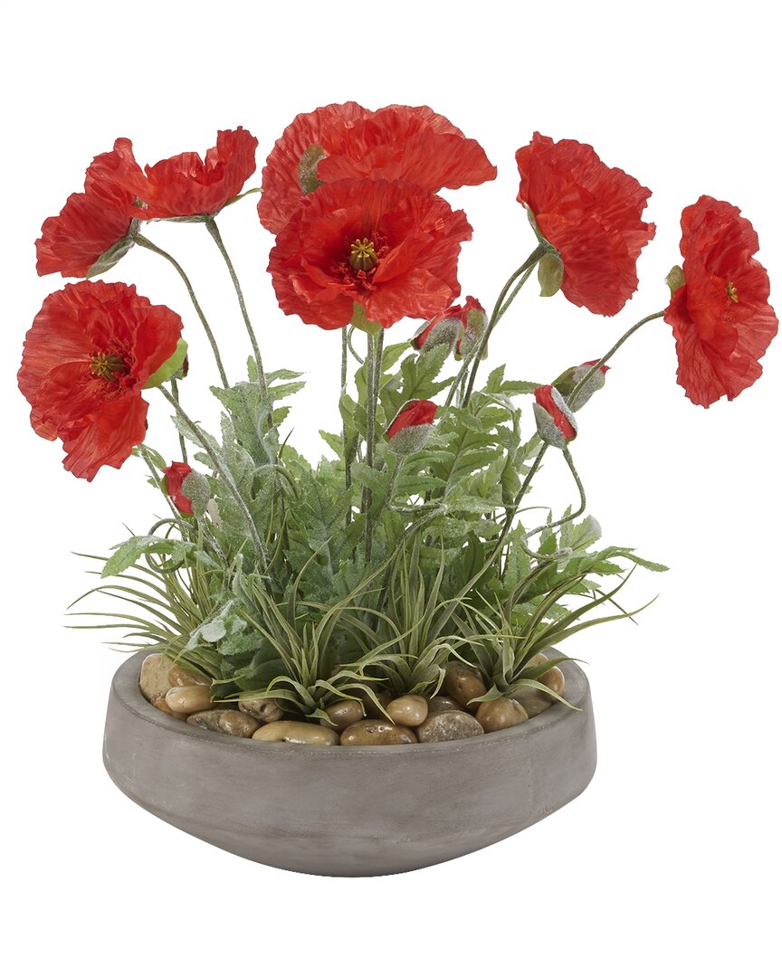 D&w Silks Red Poppies In Round Cement Bowl