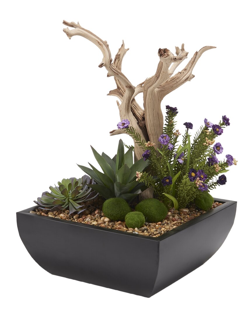 D&w Silks Ghostwood Branch With Succulents And Wild Flowers In Square Metal Planter In Green