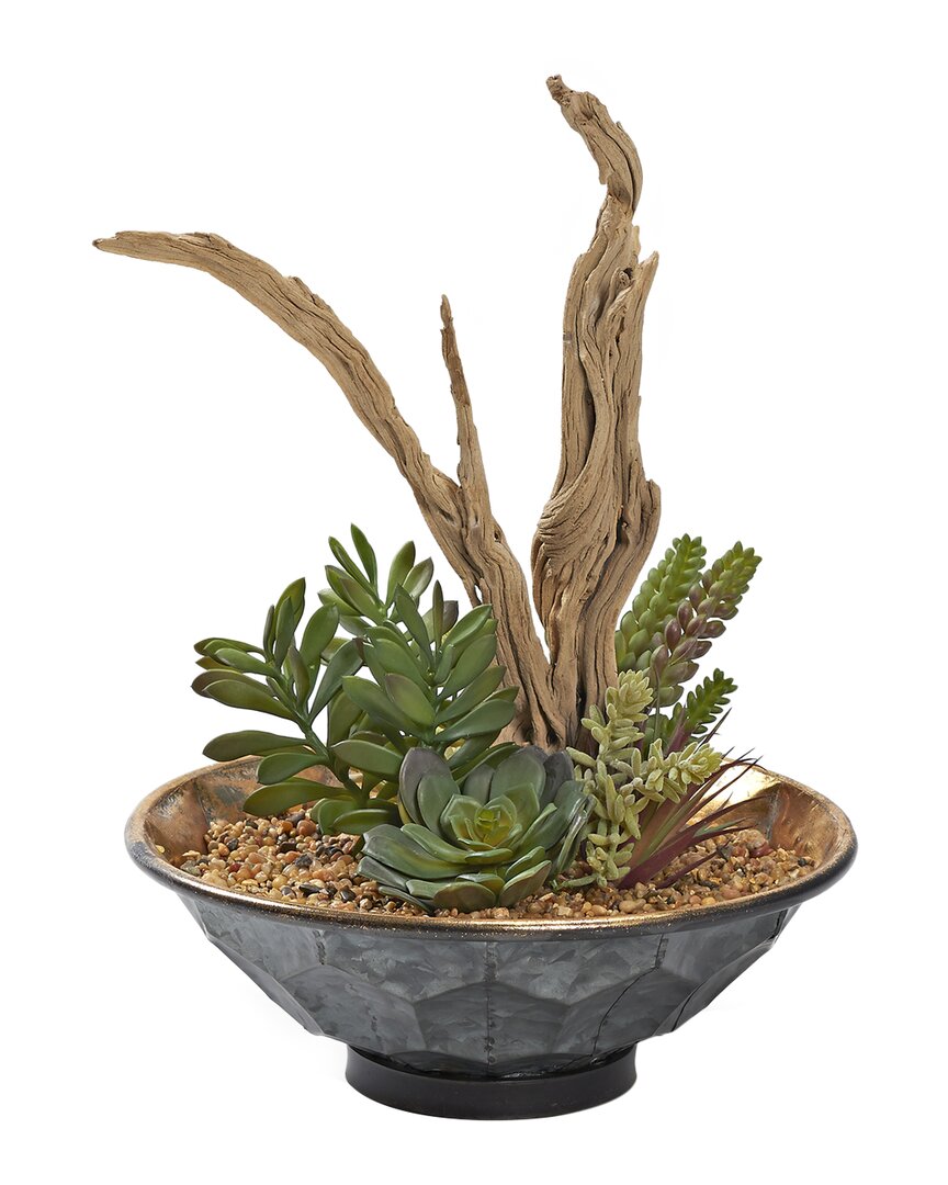 D&w Silks Ghostwood And Assorted Succulents In Hexagon Plated Planter In Brown