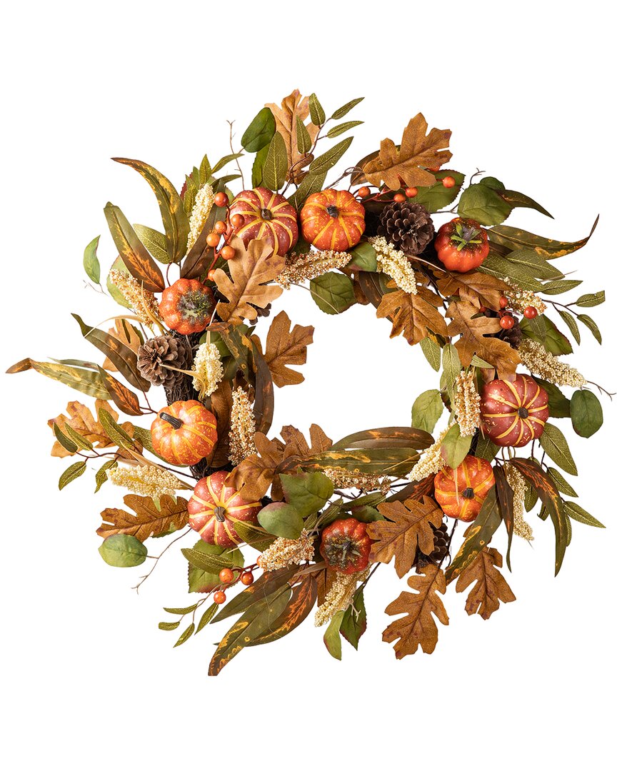 Glitzhome Handmade Fall Pumpkin Leaf Floral Wreath In Multi