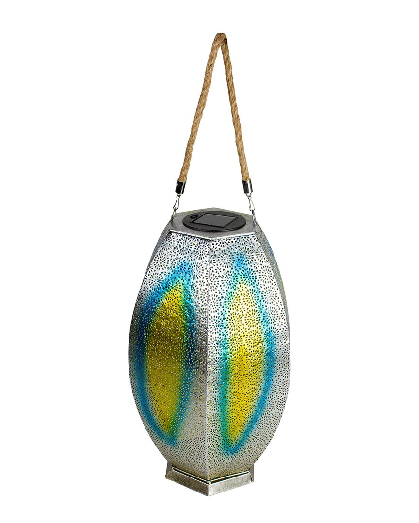 Northlight 15.5in Silver Floral Outdoor Hanging Solar Lantern With Jute Handle