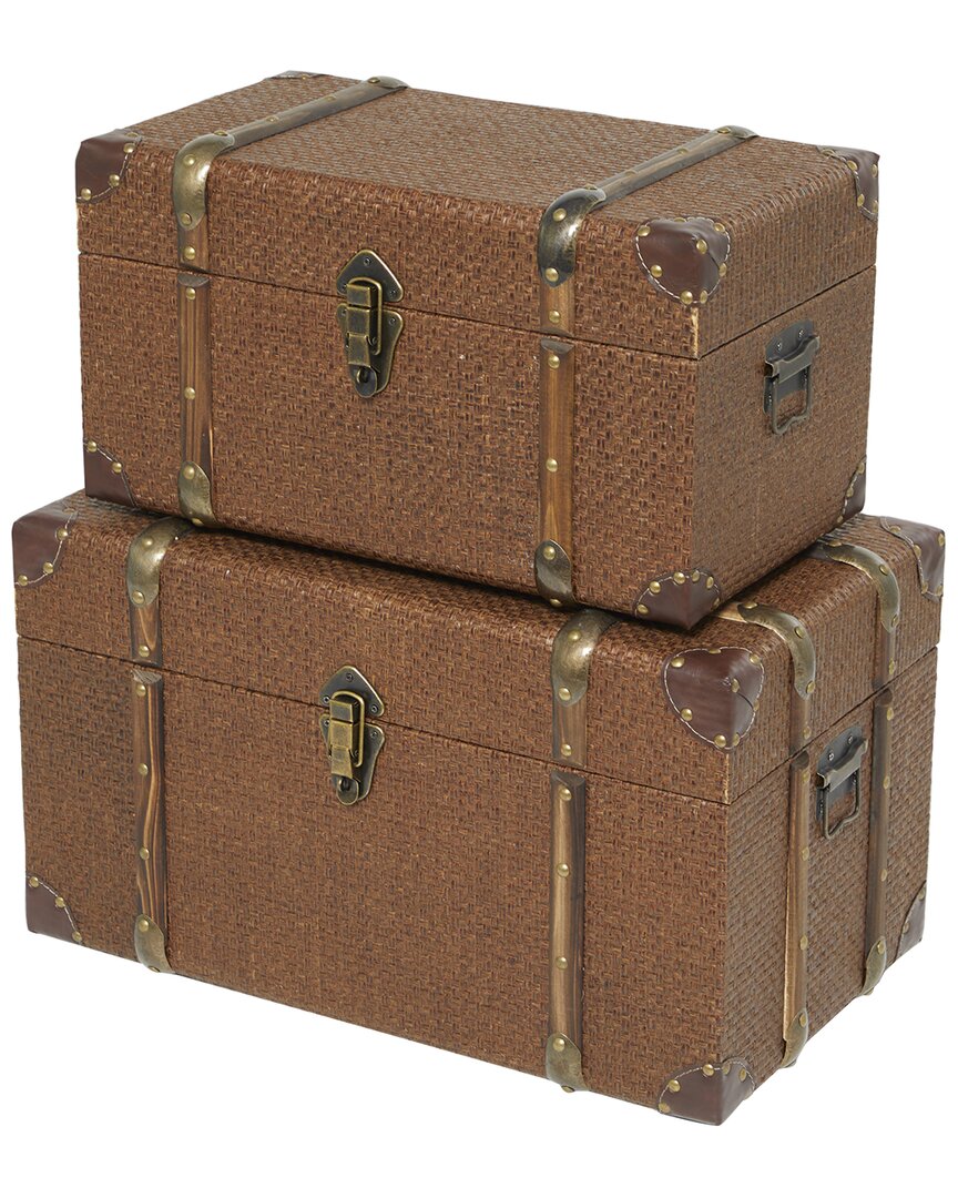 Peyton Lane Set Of 2 Woven Inspired Trunk With Latches & Leather Accents In Brown