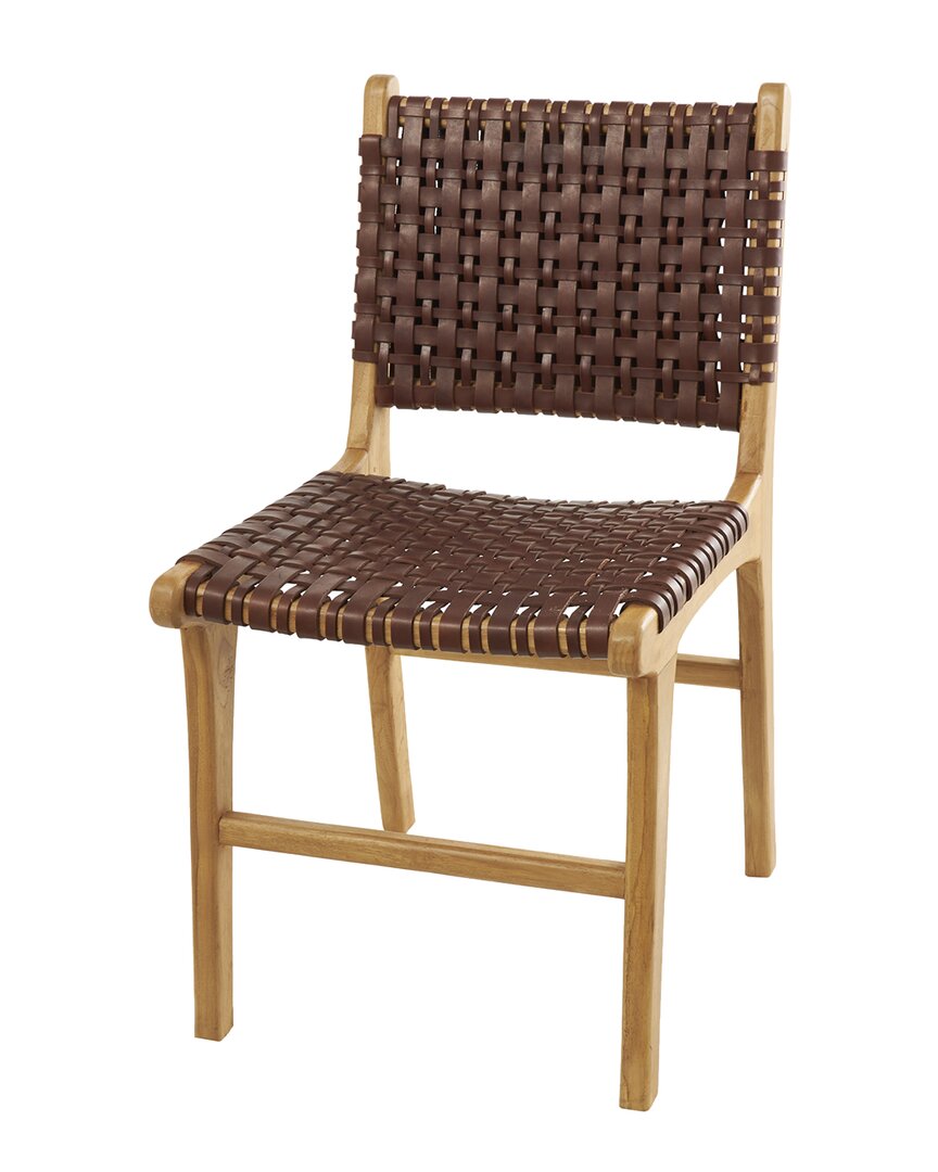 Peyton Lane Set Of 2 Handmade Leather Woven Accent Chairs With Teak Frames In Brown