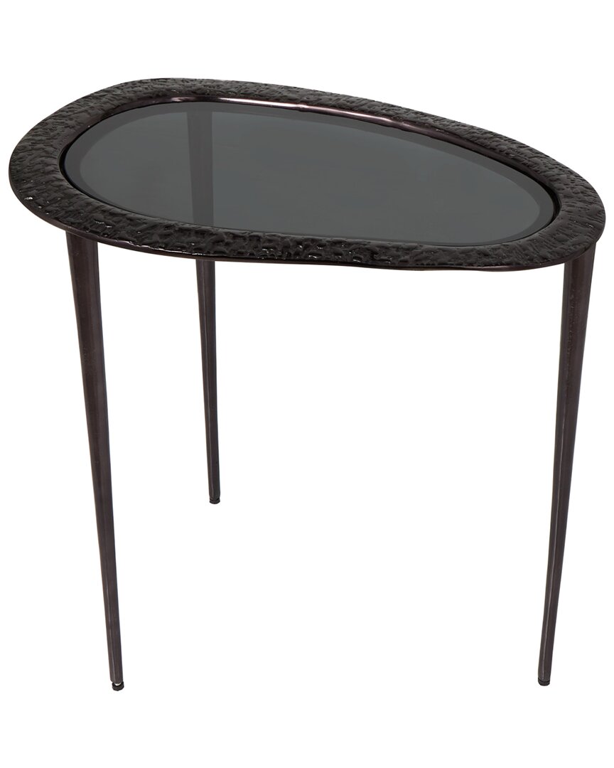 Peyton Lane Abstract Oval Shaped Accent Table With Shaded Glass Top & Detailed Engravings In Black