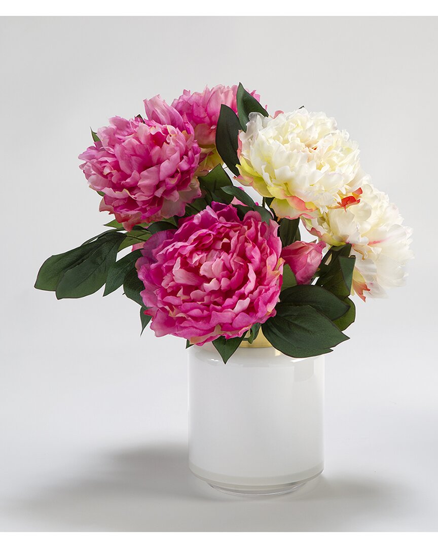 D&w Silks Inc Cream And Pink Peonies In White Glass Vase With Gold Collar