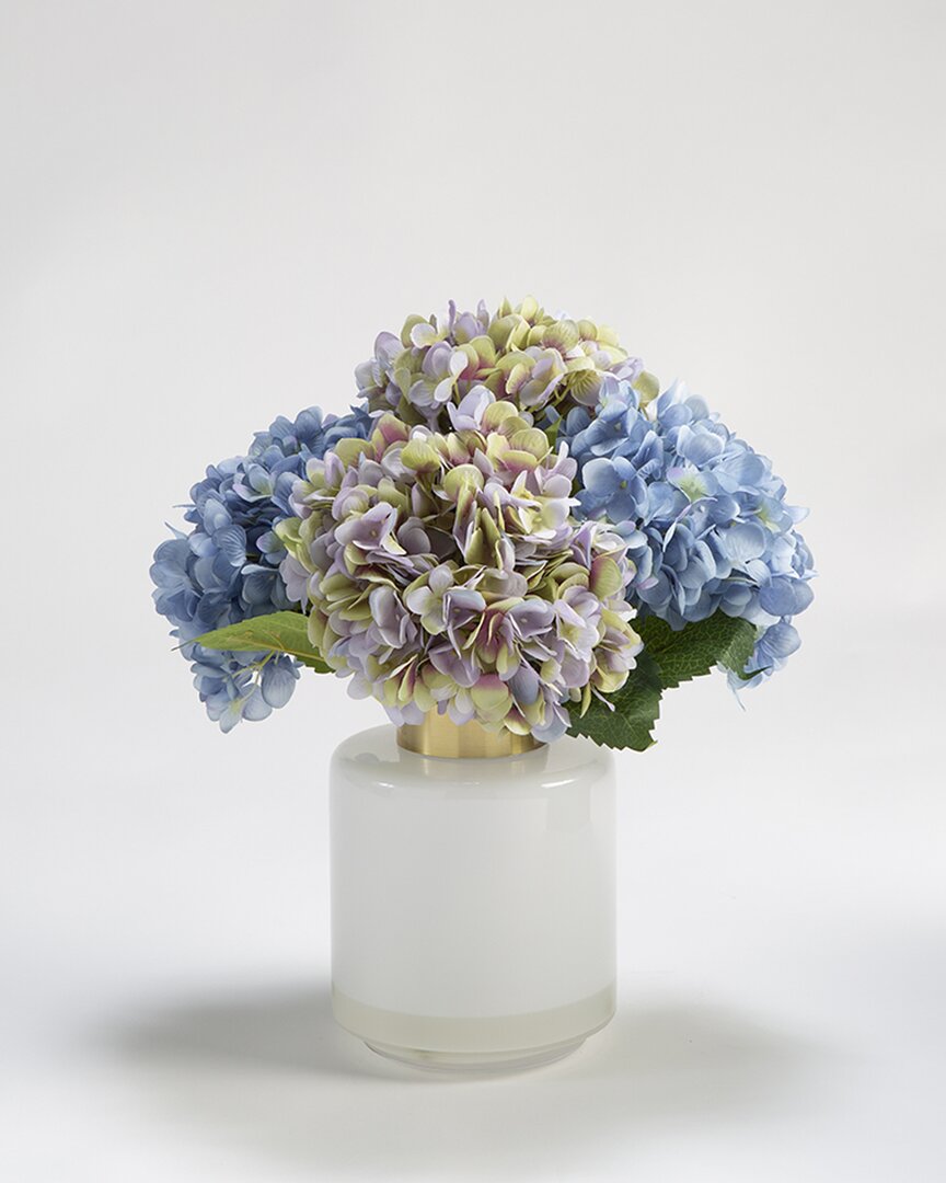D&w Silks , Inc Blue And Violet Hydrangeas In White Glass With Gold Collar