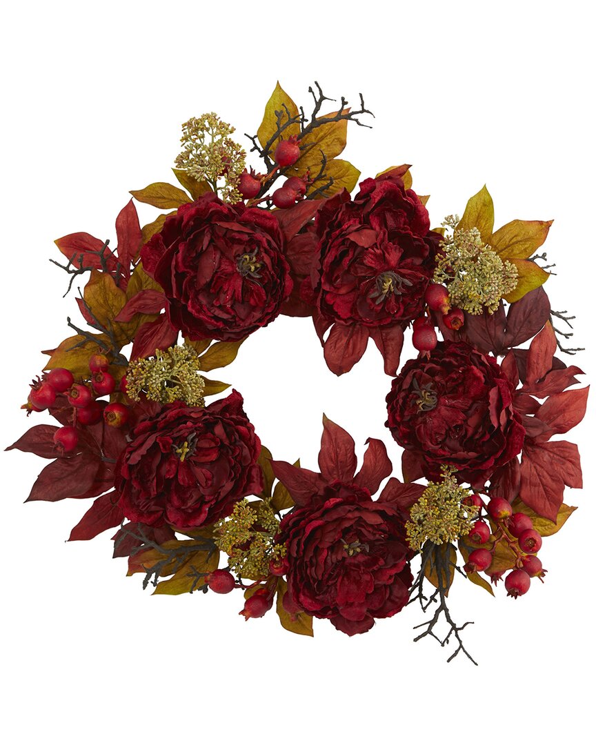 Nearly Natural 24in Peony Sedum Wreath In Red