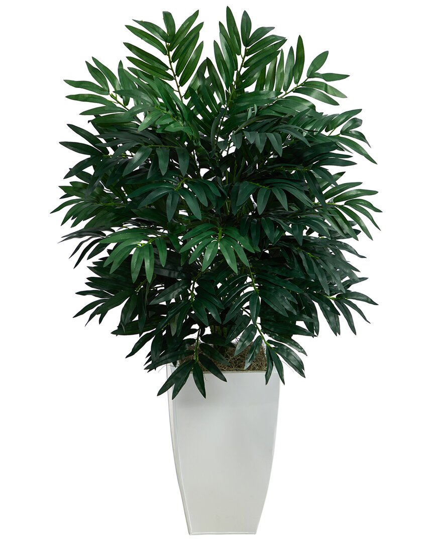 Nearly Natural 3ft Bamboo Palm Artificial Plant In White Metal Planter In Green