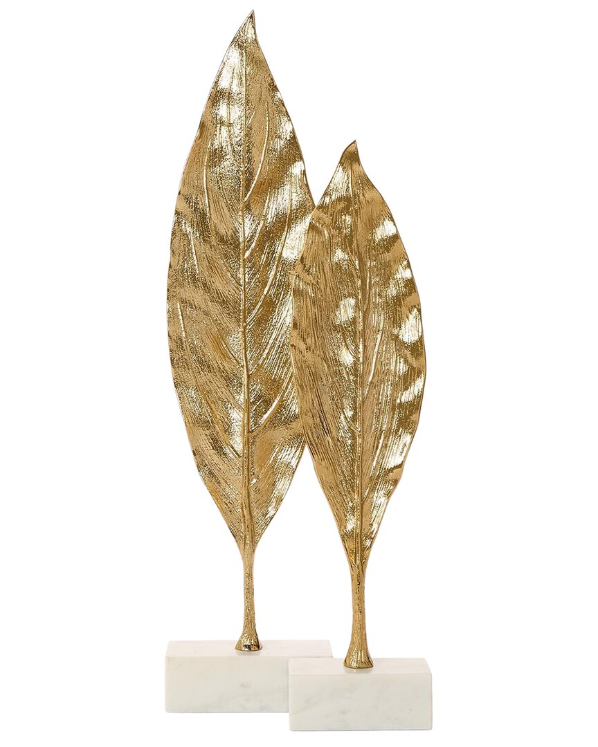 Tozai Home Set Of 2 Leaf Sculptures On Marble Base In Gold