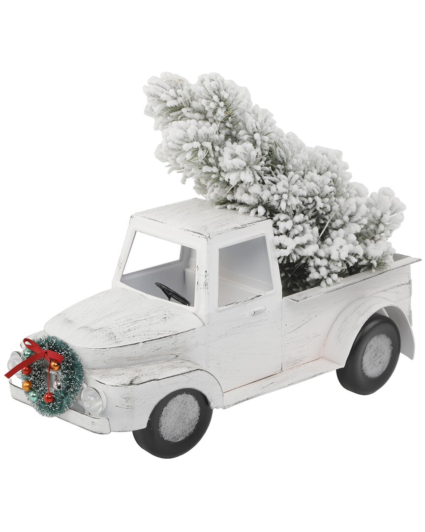 Flora Bunda 13in L Led Tin Truck W/ Tree In White