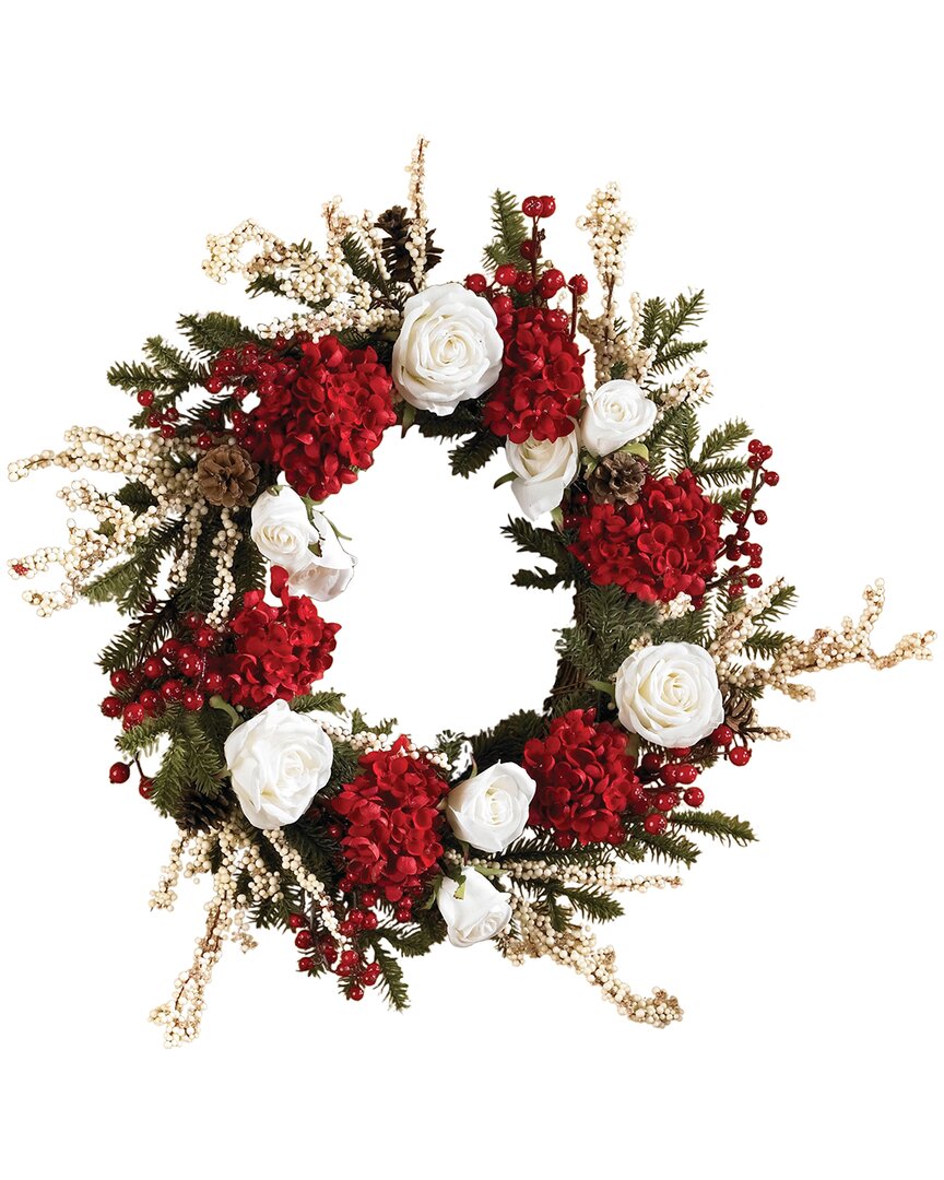 NEARLY NATURAL NEARLY NATURAL 24IN HYDRANGEA WITH WHITE ROSES WREATH 
