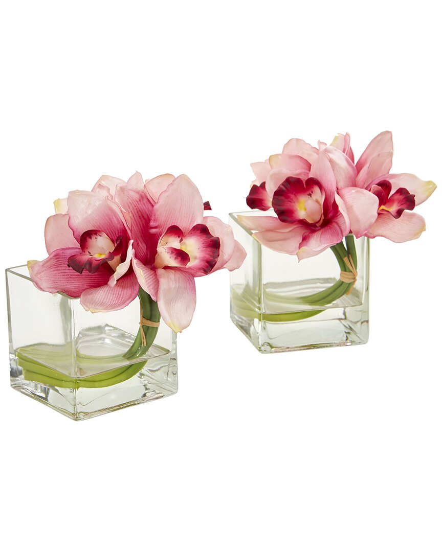 Nearly Natural Set Of 2 Cymbidium Orchid Artificial Arrangement In Glass Vase In Multi