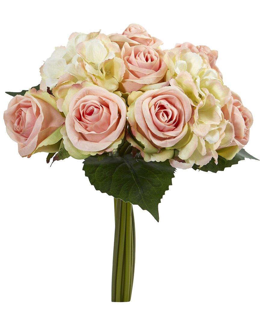 Nearly Natural Set Of 6 12in Rose And Hydrangea Bouquet Artificial Flower In Pink