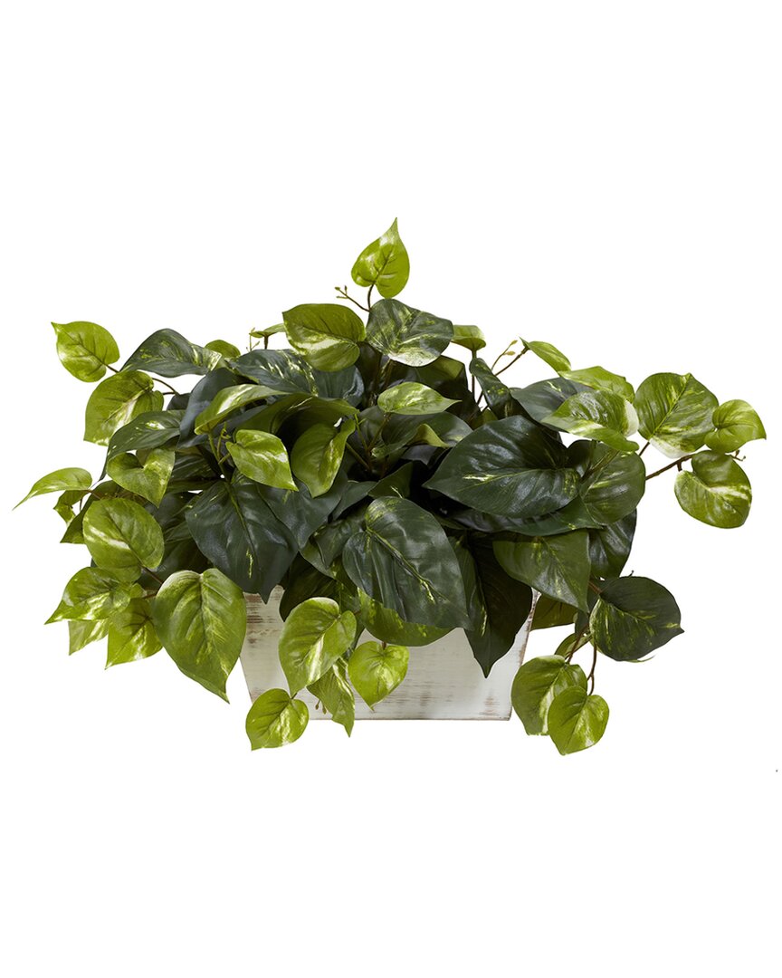 Nearly Natural Pothos With White Wash Planter Silk Plant In Green