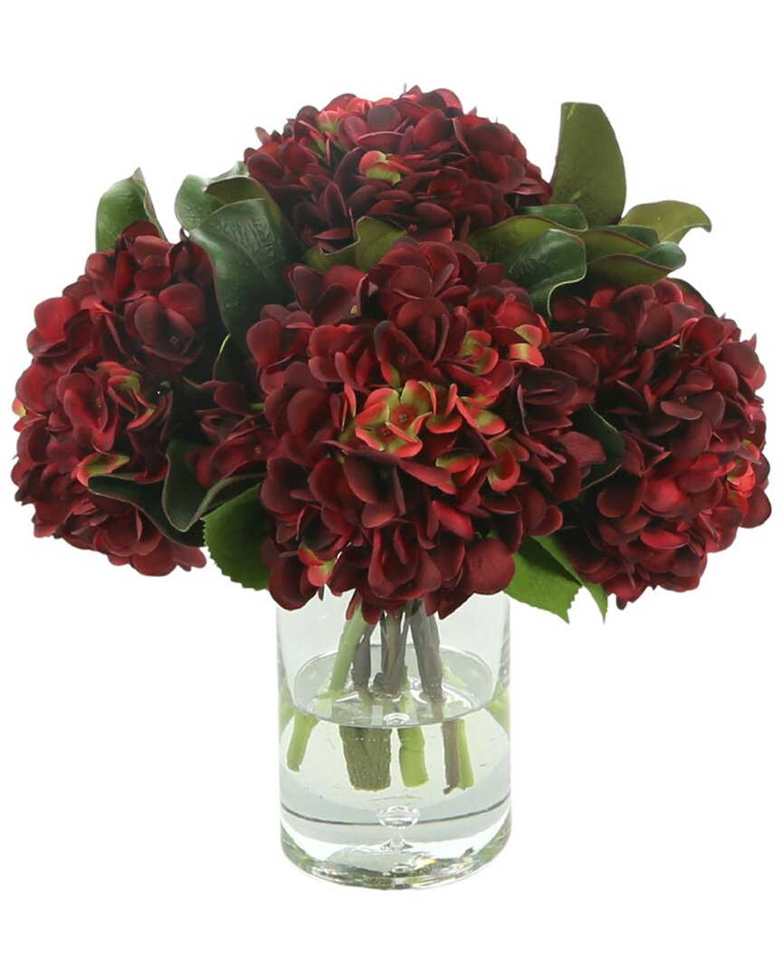 Creative Displays Hydrangeas & Magnolia Leaves In Glass Vase With Acrylic Water In Burgundy