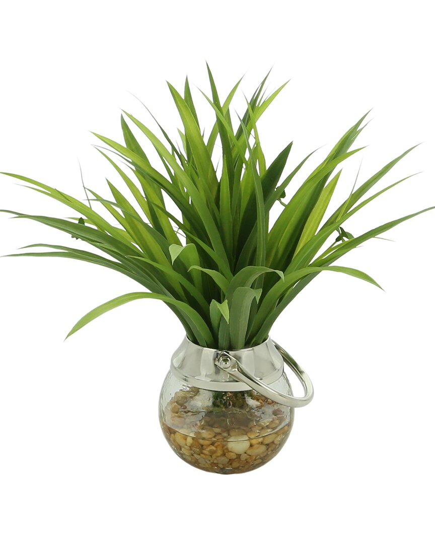 Creative Displays Grass Leaf Plant In Glass Vase With Rocks & Acrylic Water In Green