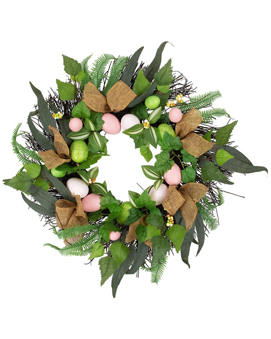 NORTHLIGHT NORTHLIGHT EASTER EGG & BURLAP RIBBON MIXED FOLIAGE TWIG WREATH