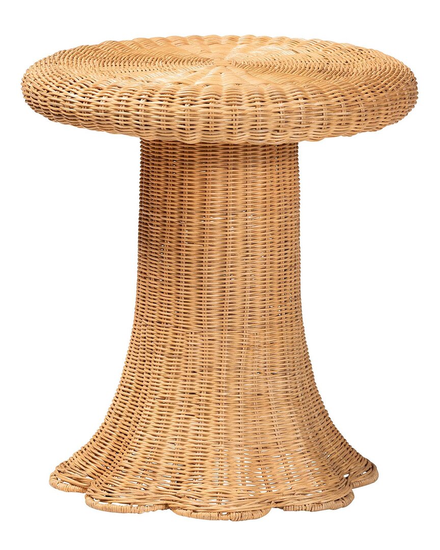Baxton Studio Avalon Scallop Rattan Pedestal Side Table In Brown