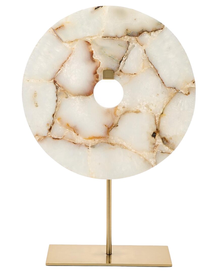 Tozai Home Genuine Agate Round Disc Sculpture On Iron Base In White