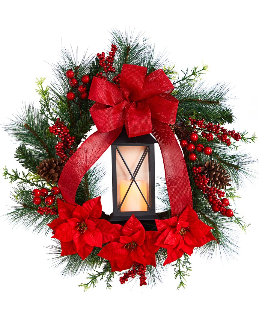 Shop Nearly Natural Poinsettia And Berry Holiday Lantern Christmas Wreath With Led Candle In Red
