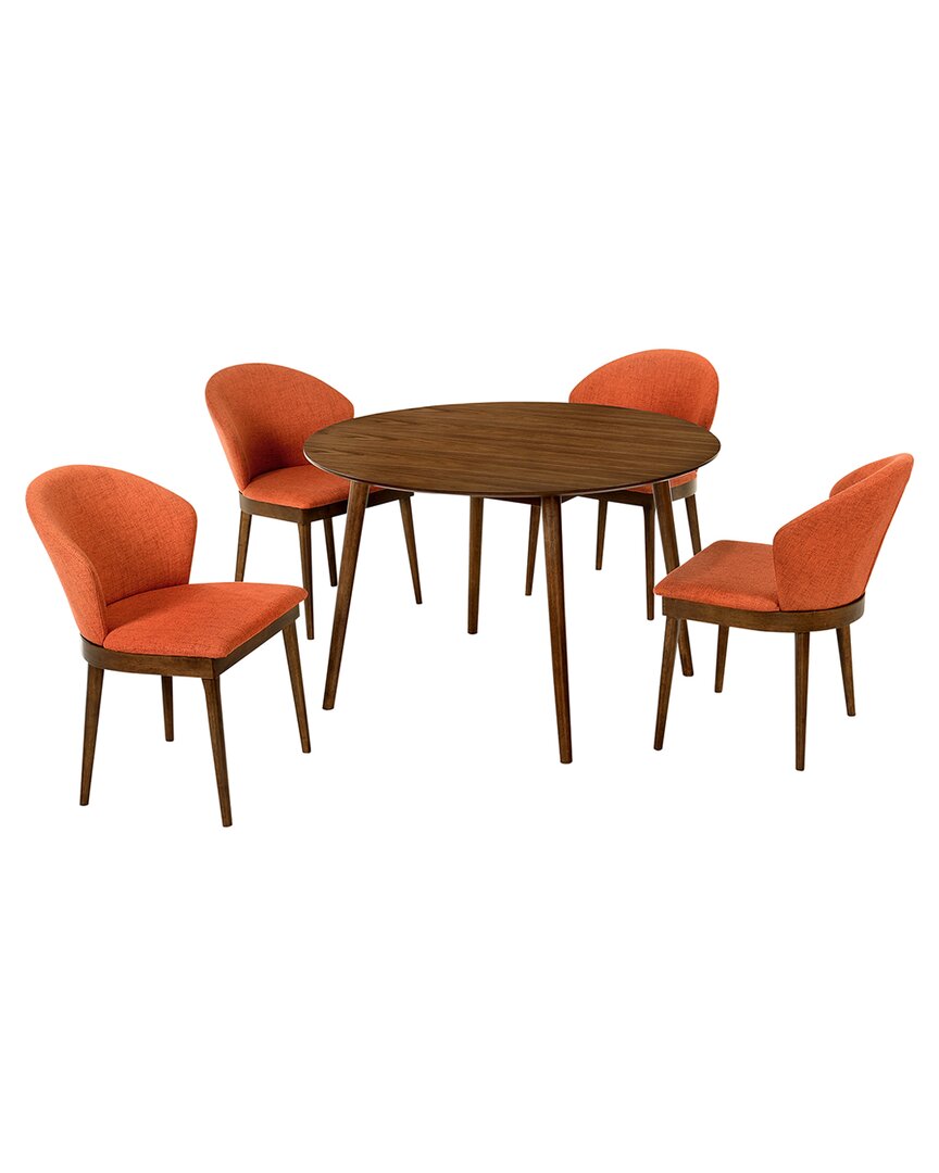 Armen Living Arcadia & Juno 48in Round Orange & Walnut Wood 5pc Dining Set