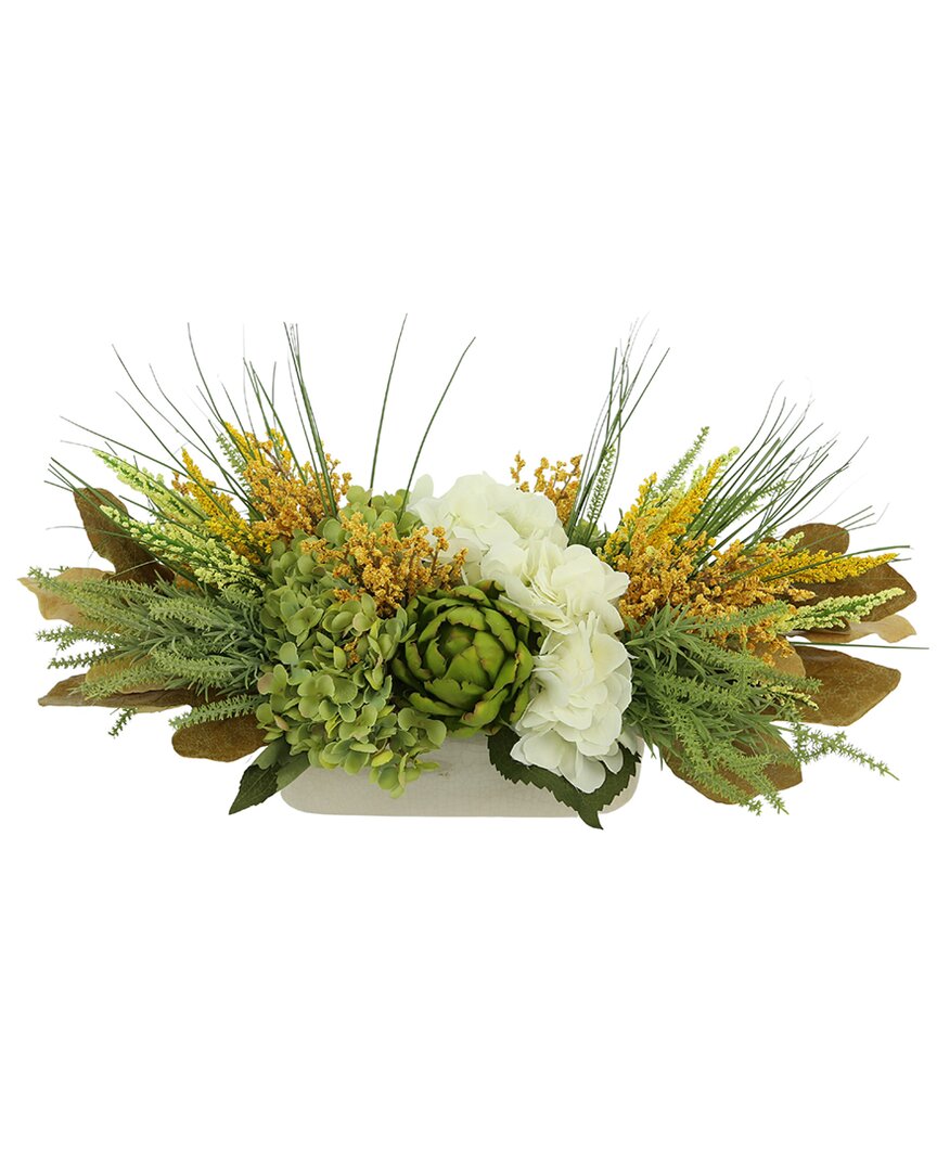 CREATIVE DISPLAYS CREATIVE DISPLAYS RUSTIC FALL CENTERPIECE WITH ASSORTED HYDRANGEAS, YELLOW  HEATHER & ARTICHOKES 