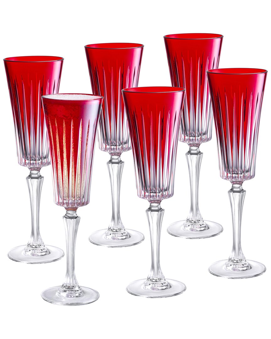 Barski Set Of 6 Colored Champagne Flutes Glasses In Red
