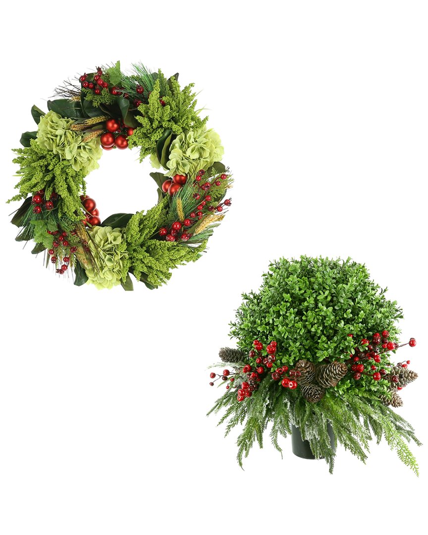 Creative Displays Classic Christmas Holiday Set With 22in Wreath & Uv Boxwood Drop-in In Green