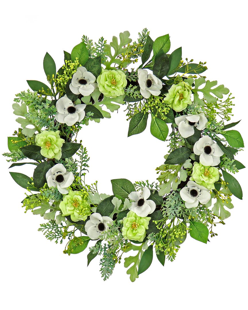 National Tree Company Rose & Anemone Flowers Wreath In Cream
