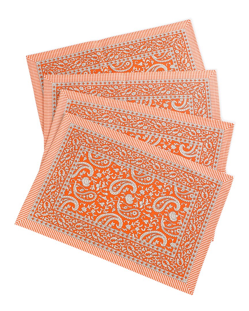 Tiramisu Set Of 4 Tangerine Twirl Block Print Placemats In Orange
