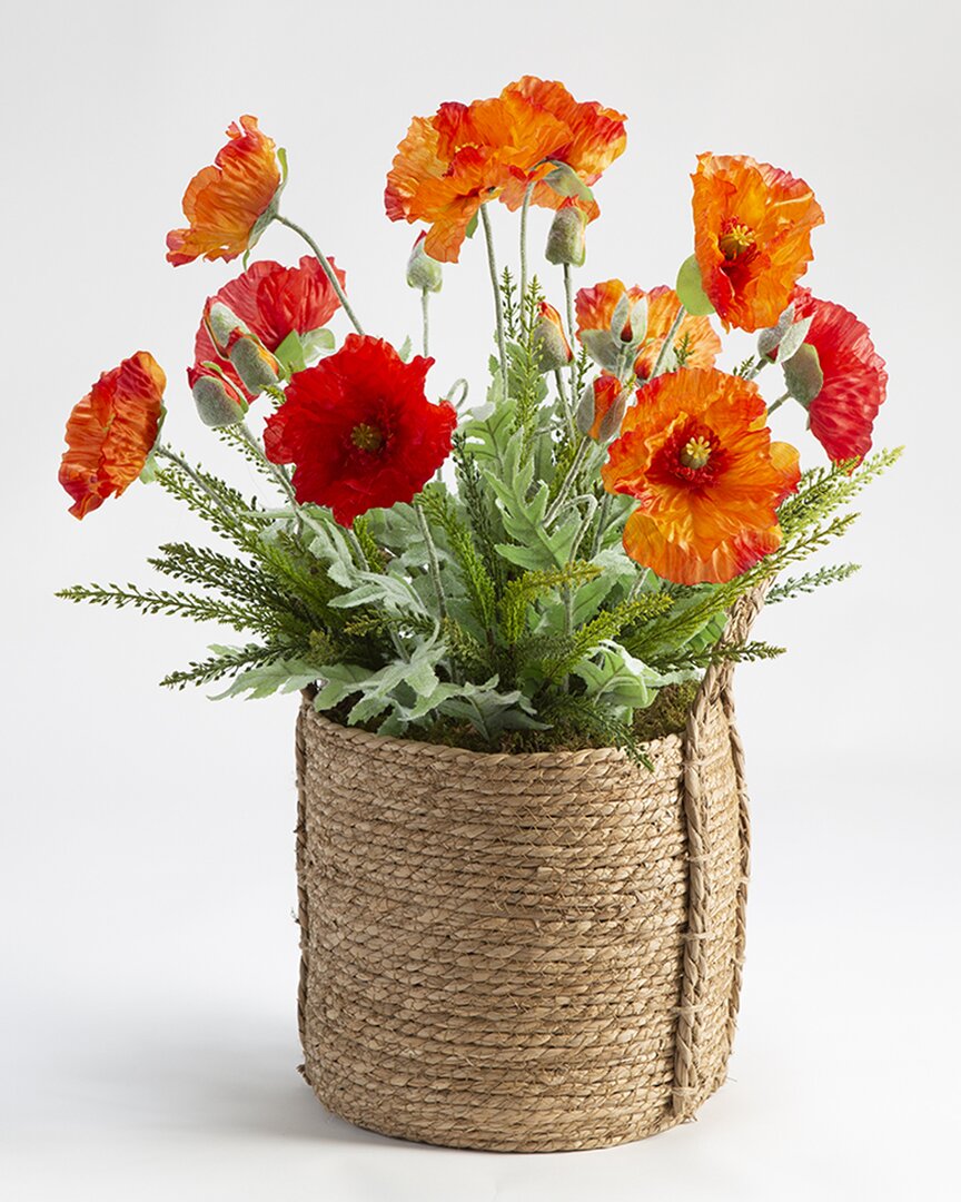 Shop D&w Silks Poppies Arrangement In Round Natural Rope Basket