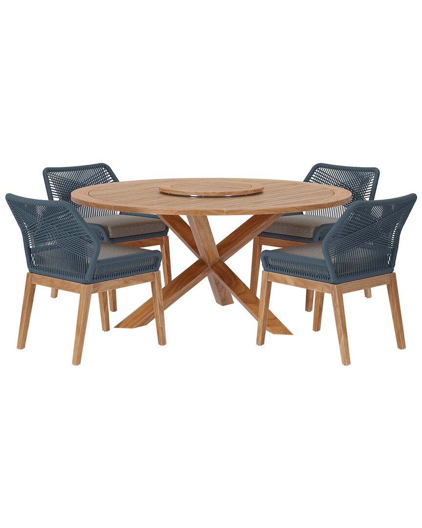Modway Wellspring 5pc Outdoor Patio Teak Wood Dining Set In Blue