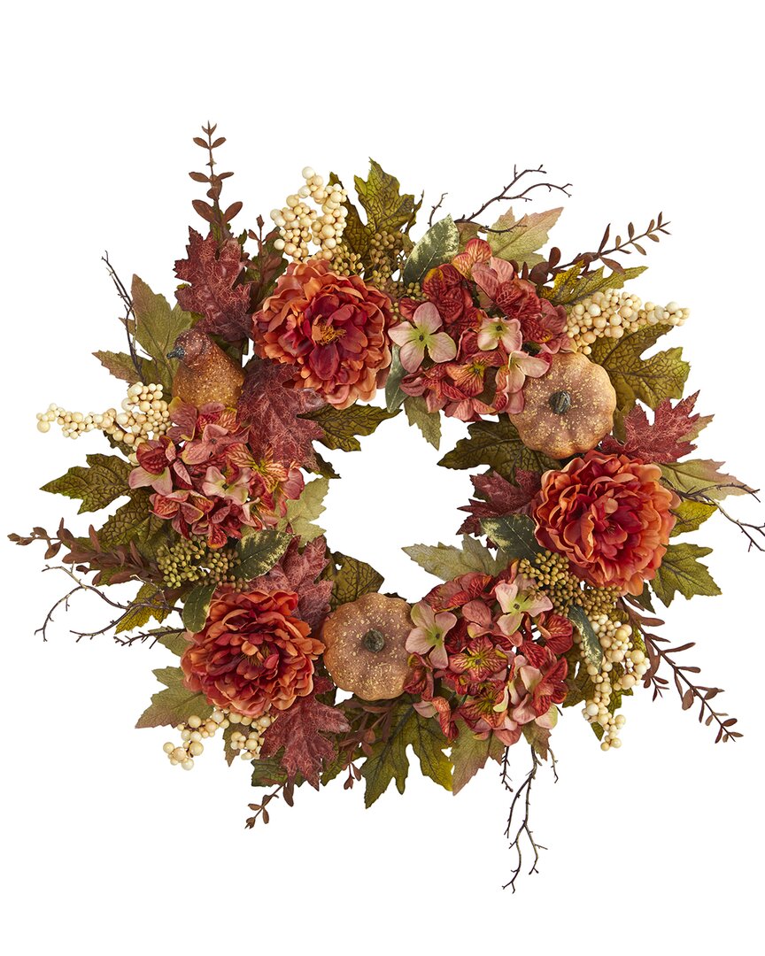 Nearly Natural 24in Peony Hydrangea And Pumpkin Fall Artificial In Orange