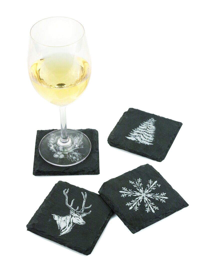 Twine Set Of 4 Assorted Holiday Slate Coasters In Black