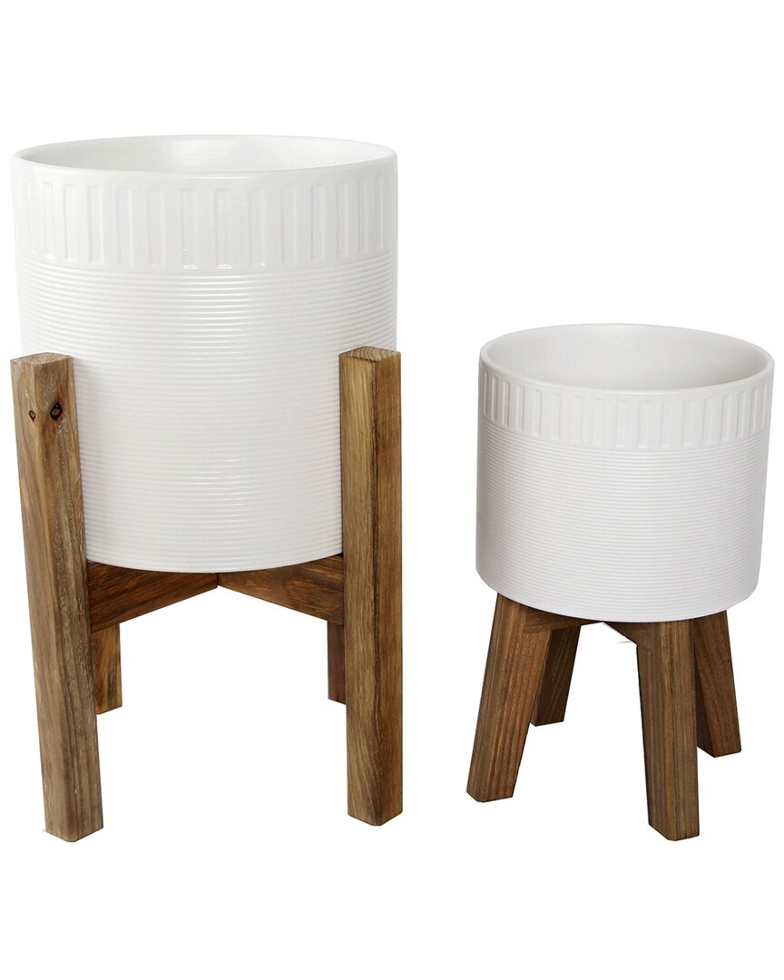 Flora Bunda Set Of 2 Dumpling Ceramic Planters On Stands In White